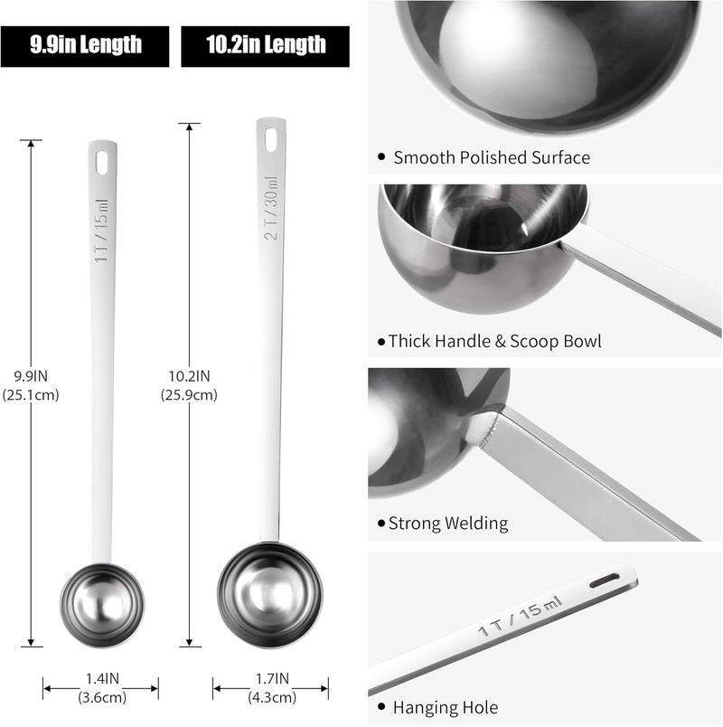 Doosu 18/8 Stainless Steel Coffee Scoops, Food-Grade Metal Measuring Spoons with 8.5in Long Handle, Tablespoon Scooper for Coffee Beans, Ground Coffee, Espresso, Protein Powders, Tea (1 & 2 Tbsp) - Image 2